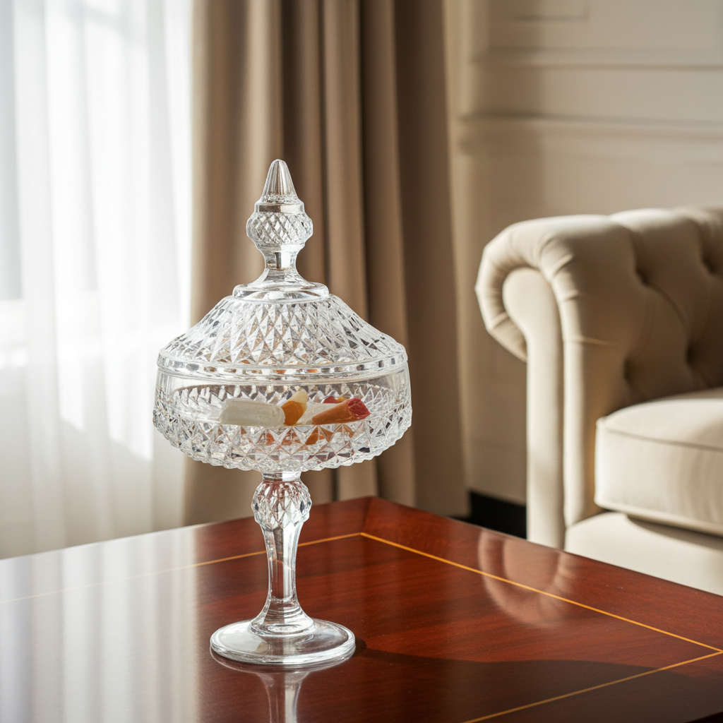 Indiana Glass Diamond Point Lidded Pedestal Dish — Clear Glass