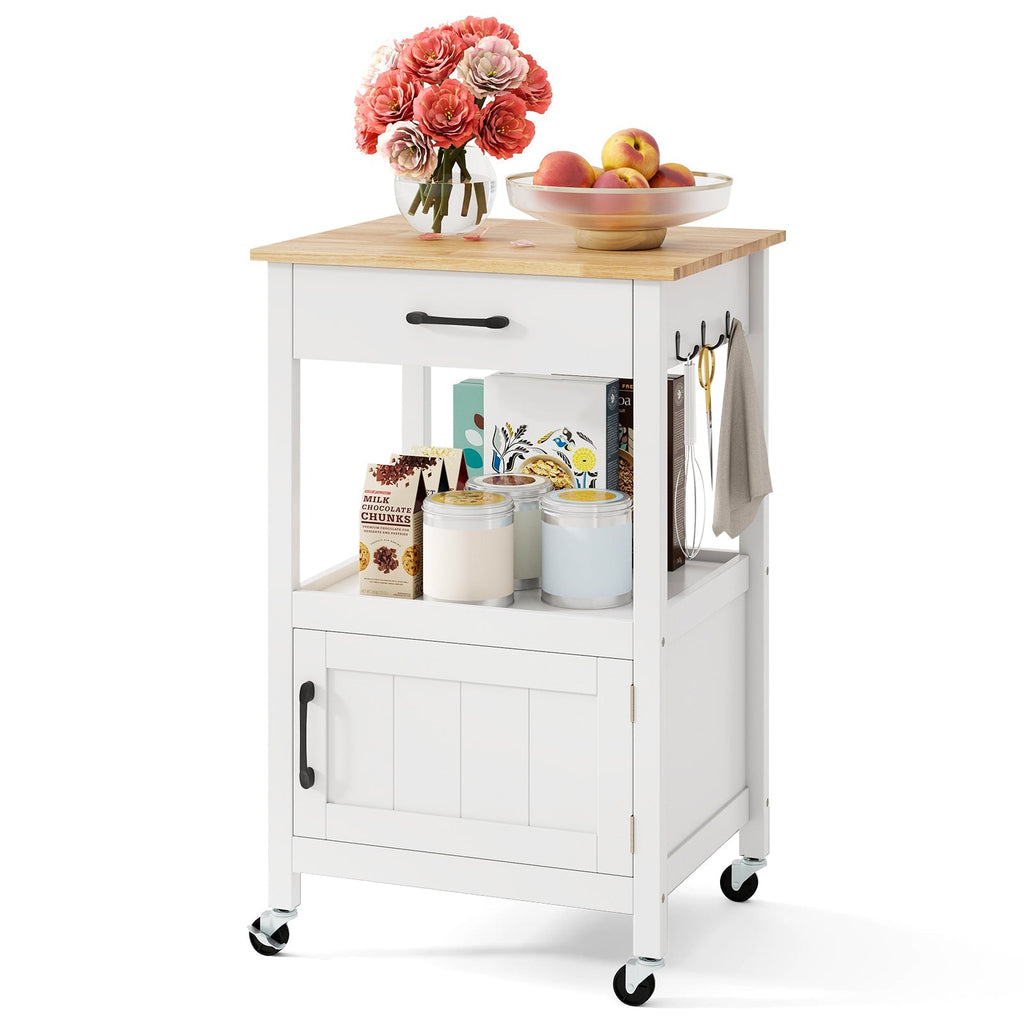 Rolling Kitchen Island Cart with Drawer and Side Hooks