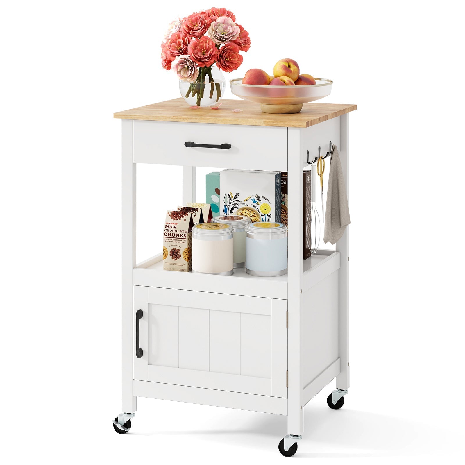 Rolling Kitchen Island Cart with Drawer and Side Hooks