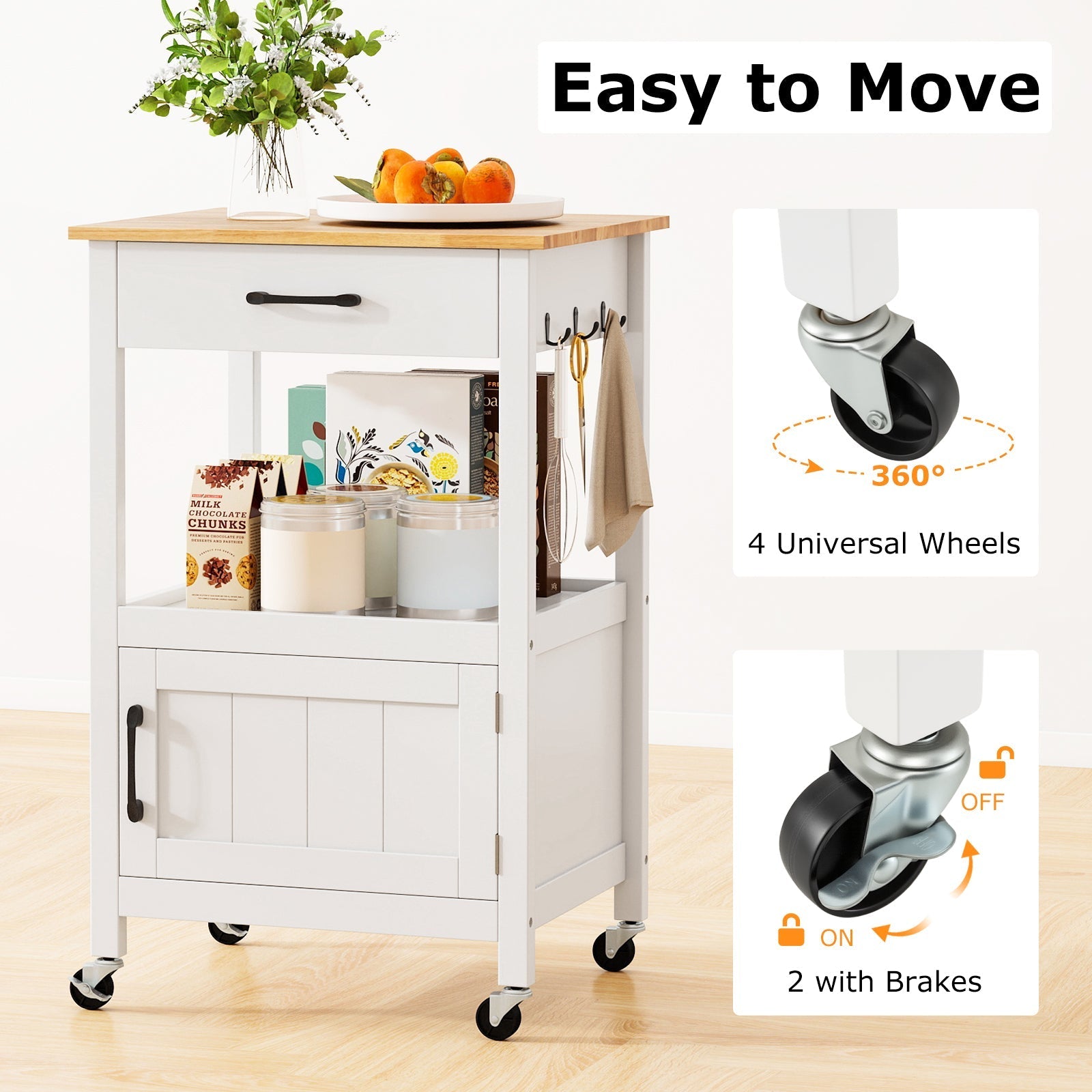 Rolling Kitchen Island Cart with Drawer and Side Hooks