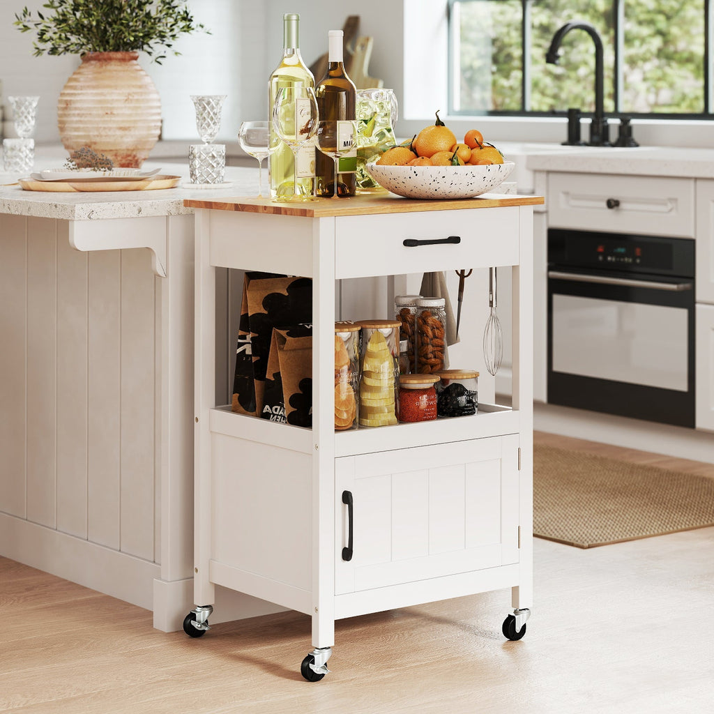 Rolling Kitchen Island Cart with Drawer and Side Hooks
