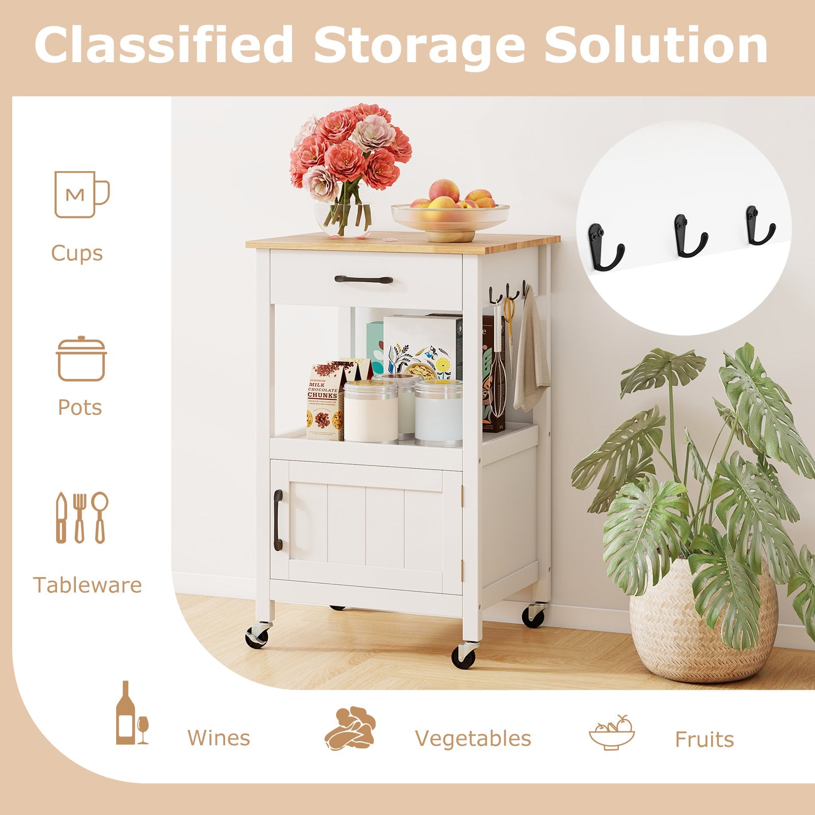 Rolling Kitchen Island Cart with Drawer and Side Hooks
