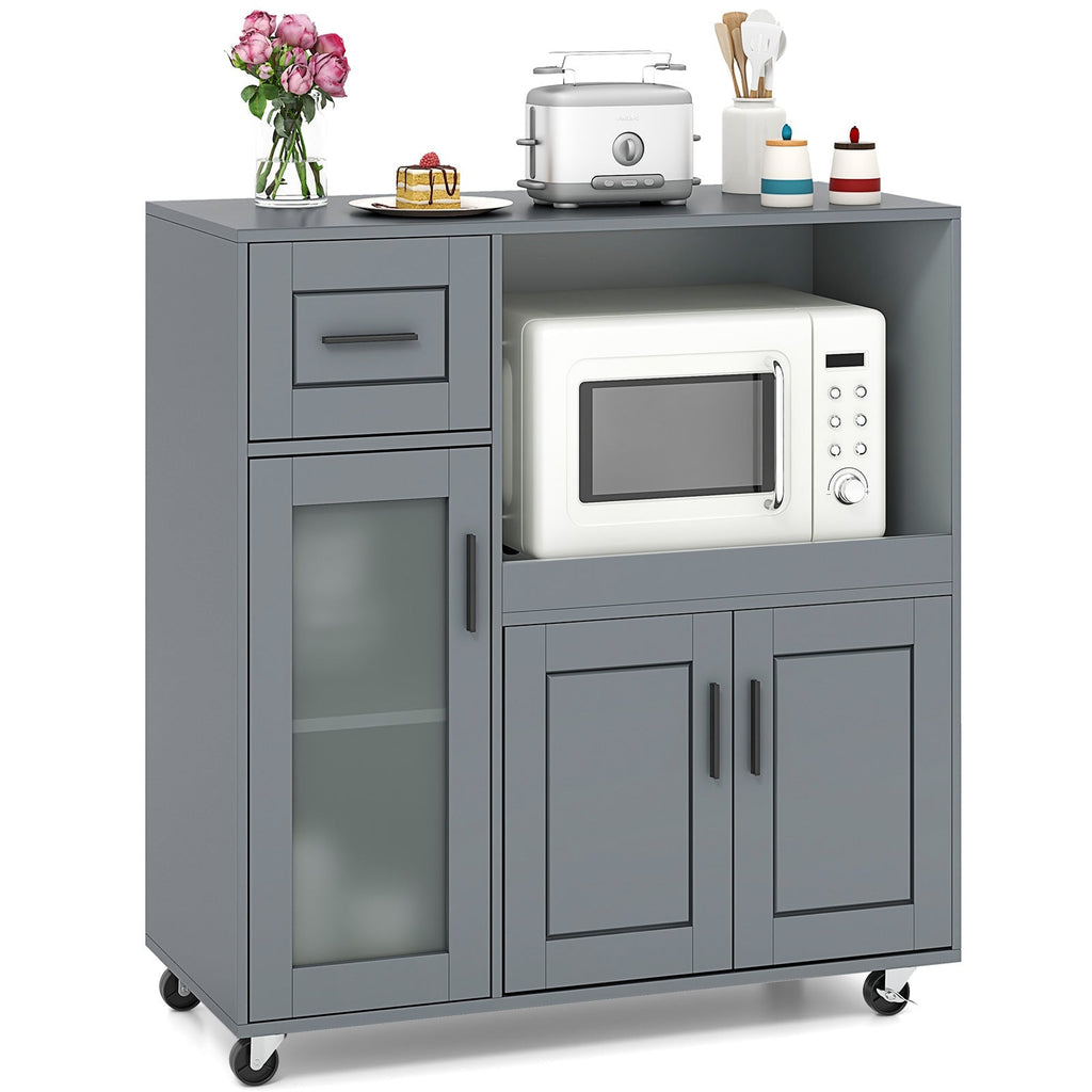 Rolling Kitchen Island with Wheels Drawer and Glass Door Cabinet-Gray