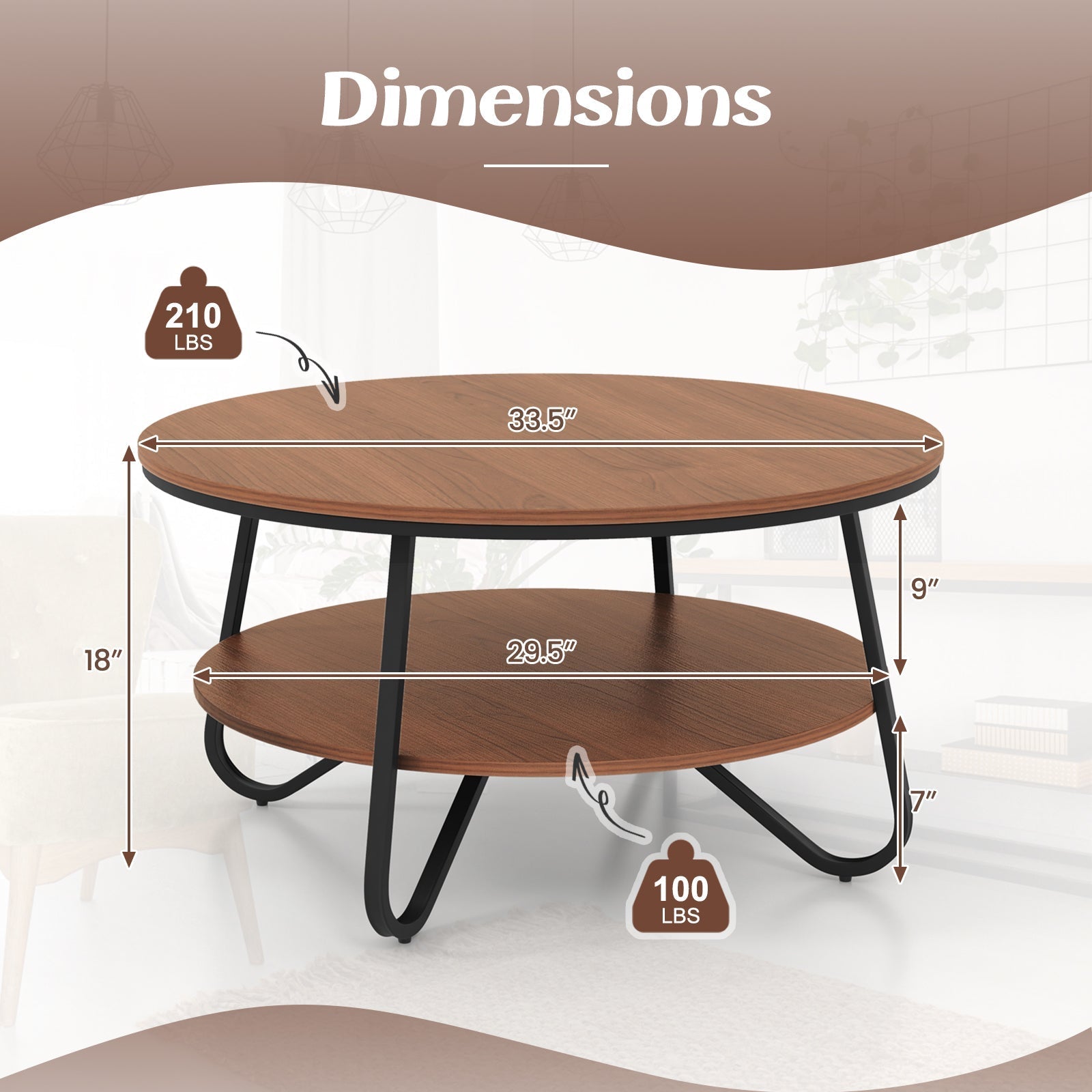 33.5 Inch Round Coffee Table with Wood Grain Finish and Heavy-duty Metal Frame-Walnut