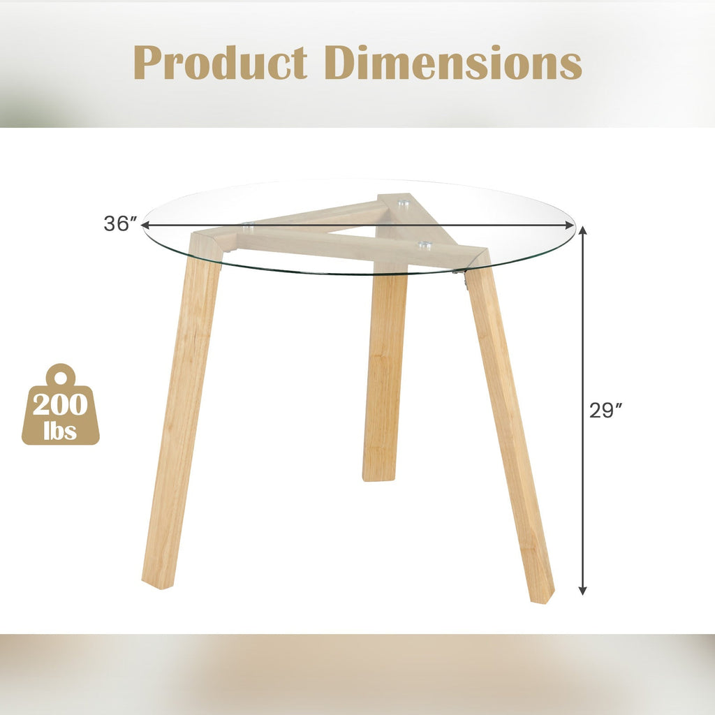36 Inches Round Glass Dining Table for 4 with Rubber Wood Frame
