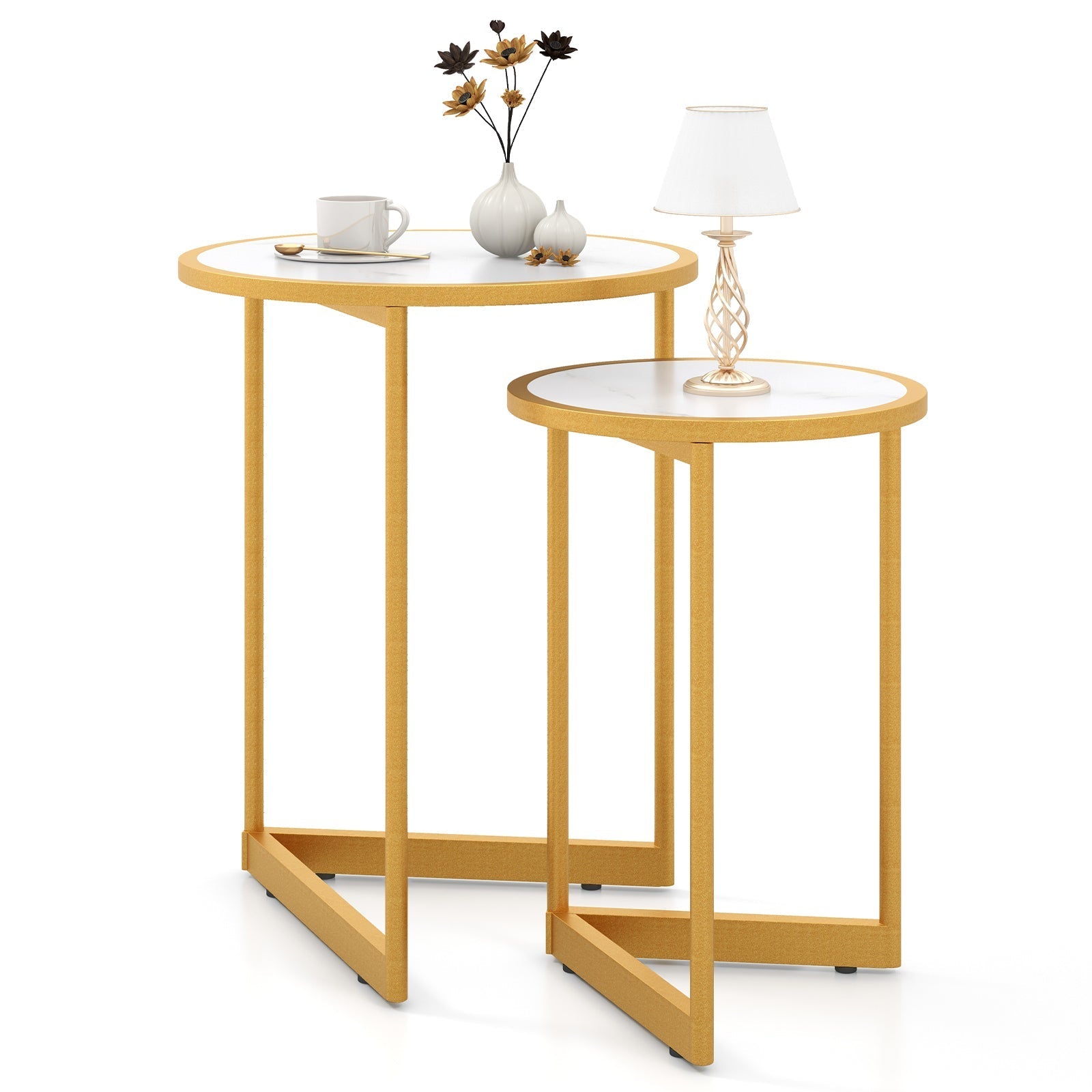 Round Nesting Table Set of 2 with Marble-like Tabletop-White