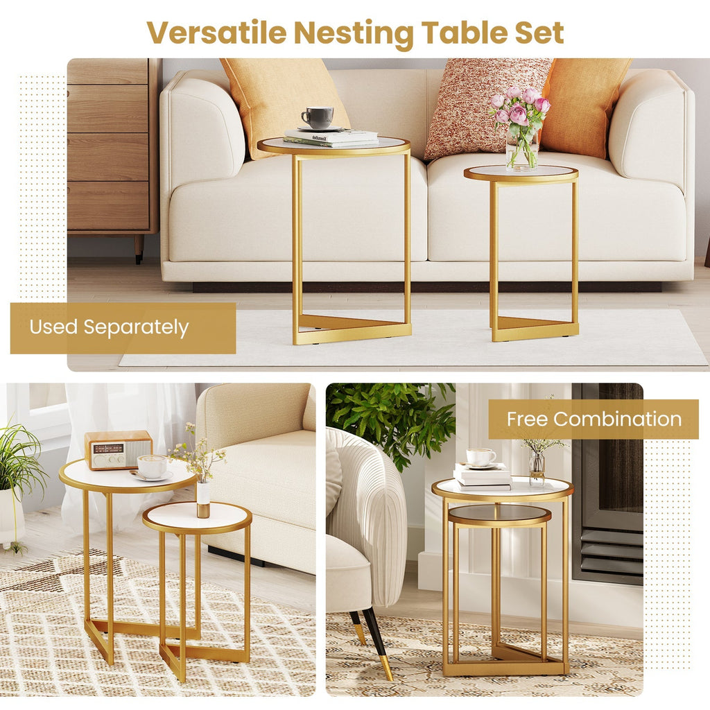 Round Nesting Table Set of 2 with Marble-like Tabletop-White