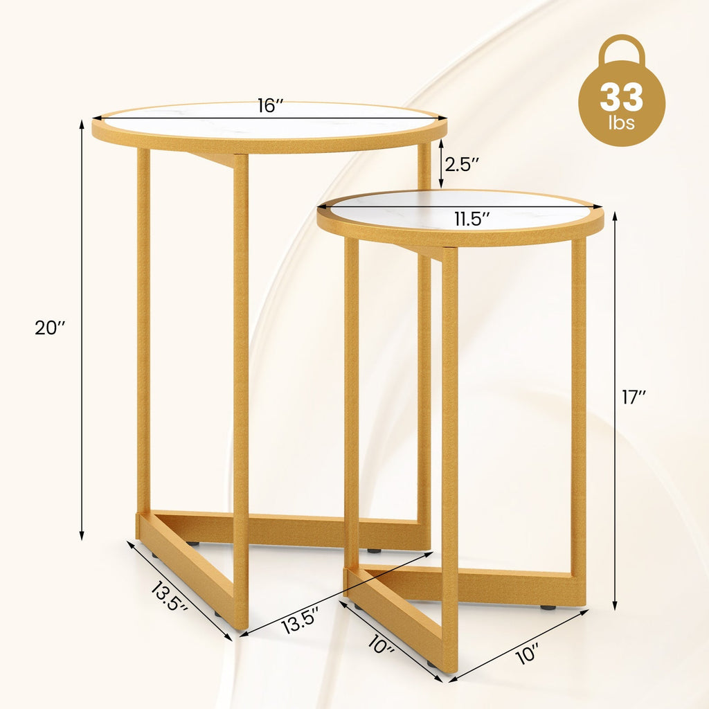 Round Nesting Table Set of 2 with Marble-like Tabletop-White
