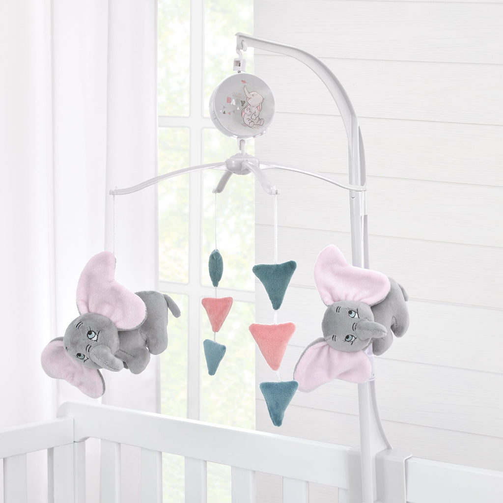 Disney Dumbo Hello Baby Grey, White, Rose and Teal Circus Banner Musical Mobile