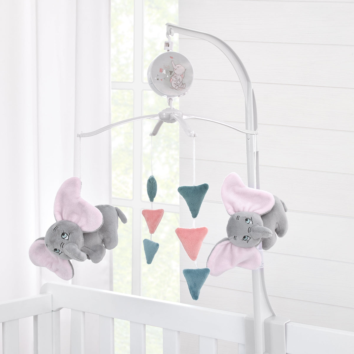 Disney Dumbo Hello Baby Grey, White, Rose and Teal Circus Banner Musical Mobile