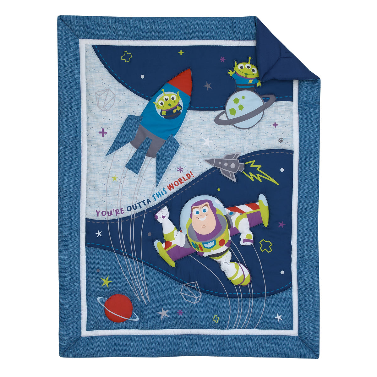 Toy Story Outta This World Blue and Gray Buzz Lightyear 4 Piece Nursery Crib Bedding Set - Comforter, Fitted Crib Sheet, Changing Pad Cover, and Crib Skirt