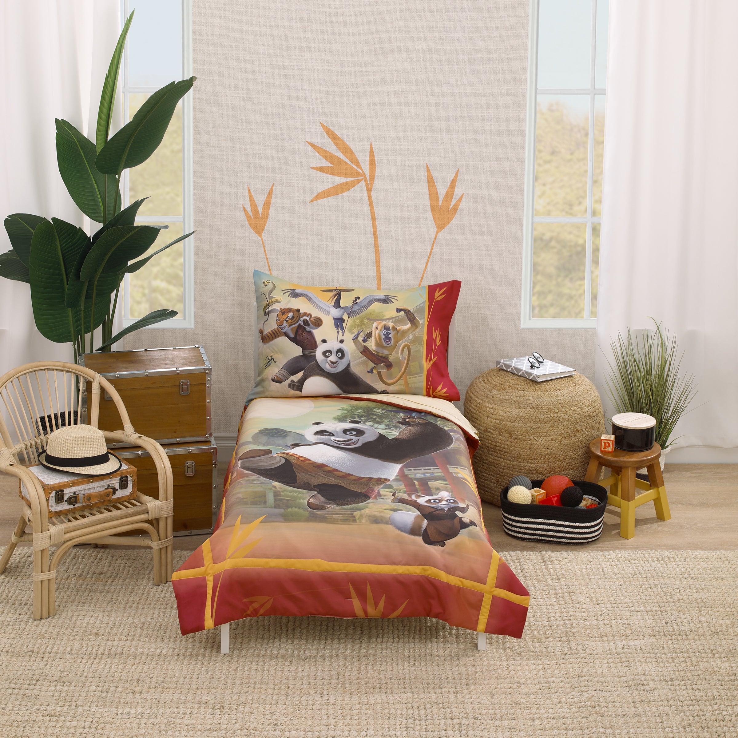 Kung Fu Panda Dragon Warrior Red and Gold Po and Friends 4 Piece Toddler Bed Set - Comforter, Fitted Bottom Sheet, Flat Top Sheet, and Reversible Pillowcase