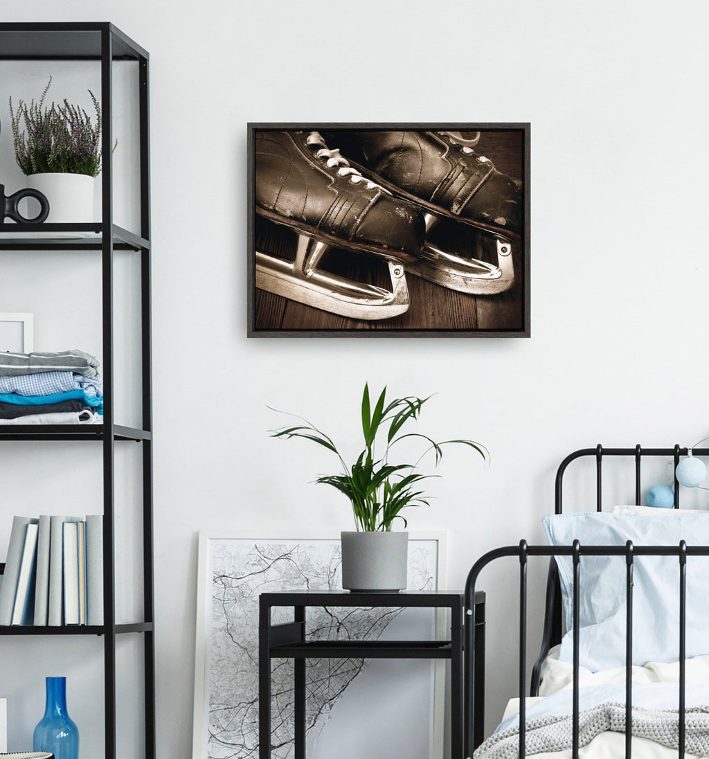 Sylvie Leather Hockey Skates Framed Canvas By Shawn St. Peter