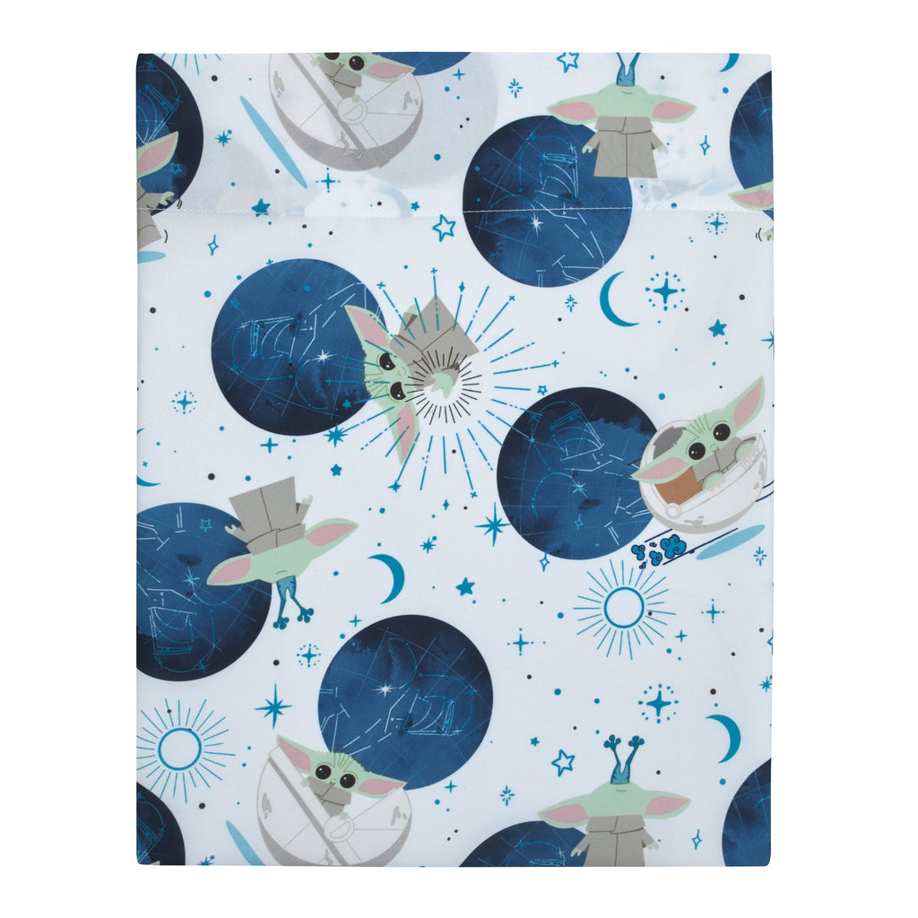 Star Wars The Child - Little Bounty Blue, Green and White Grogu "The Force is Strong with this Child" 4 Piece Toddler Bed Set - Comforter, Fitted Bottom Sheet, Flat Top Sheet and Reversible Pillowcase