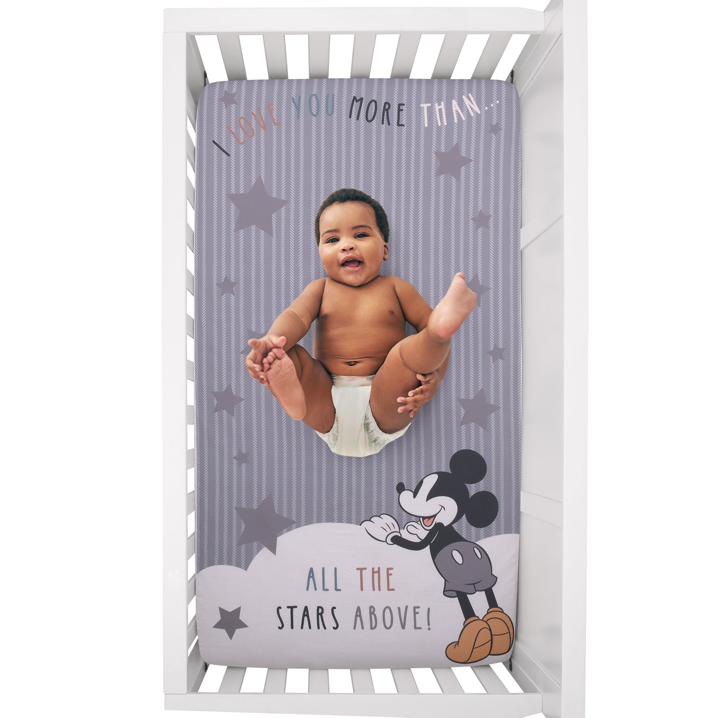 Mickey Mouse Love Mickey Gray, White, and Tan I Love You More Than All The Stars Above Photo Op 100% Cotton Fitted Crib Sheet