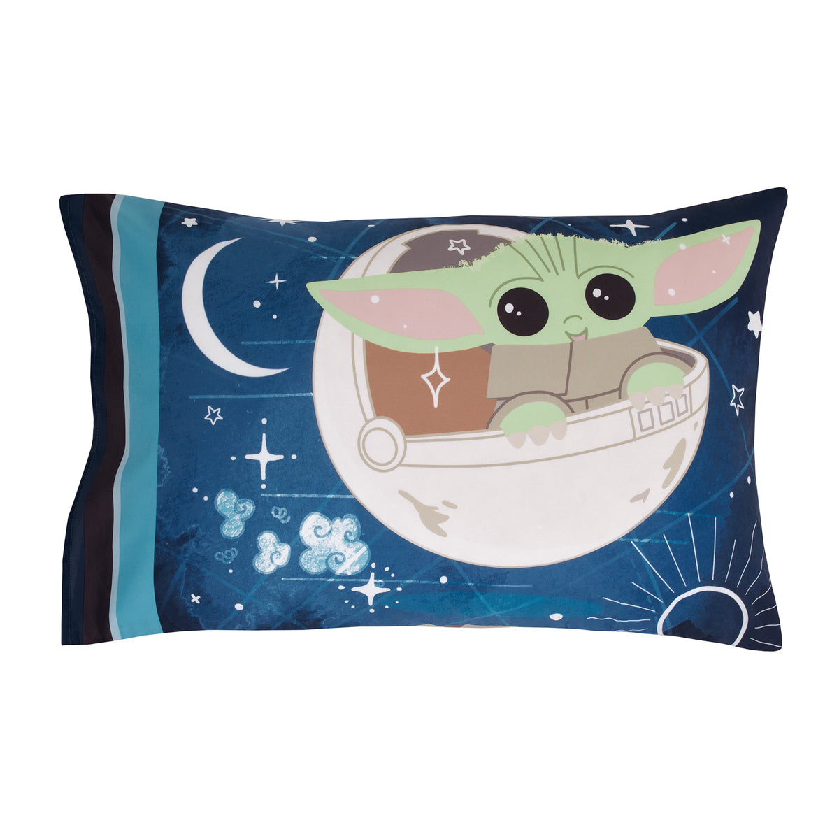 Star Wars The Child - Little Bounty Blue, Green and White Grogu "The Force is Strong with this Child" 4 Piece Toddler Bed Set - Comforter, Fitted Bottom Sheet, Flat Top Sheet and Reversible Pillowcase