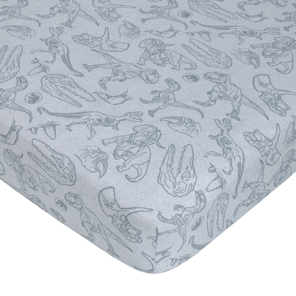 Universal Jurassic World Into The Wild Grey, White, Orange and Aqua T. Rex 4 Piece Toddler Bed Set - Comforter, Fitted Bottom Sheet, Flat Top Sheet and Reversible Pillowcase