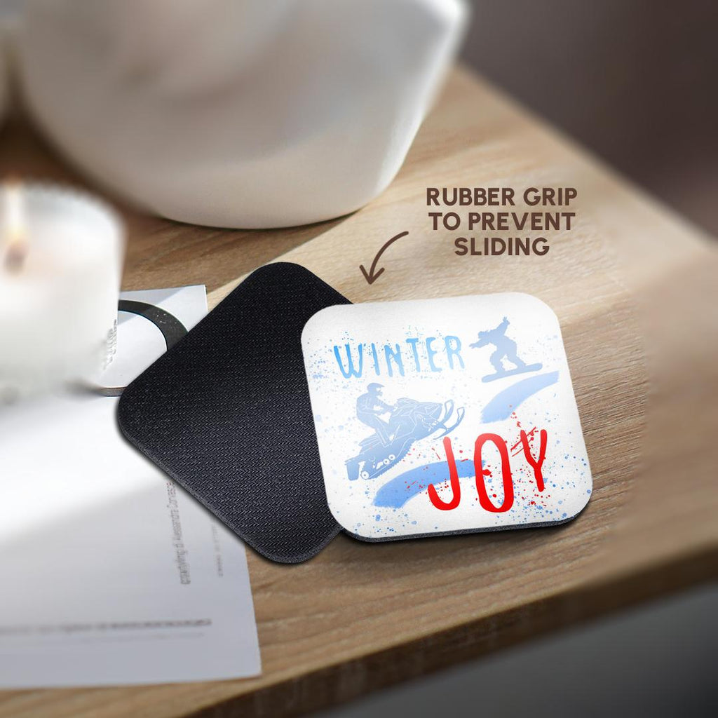 3dRose Alexis Design - Sport Winter - Snowmobile, Snowboard, Snow. Winter Joy Colorful Text. Winter Sport - Coasters
