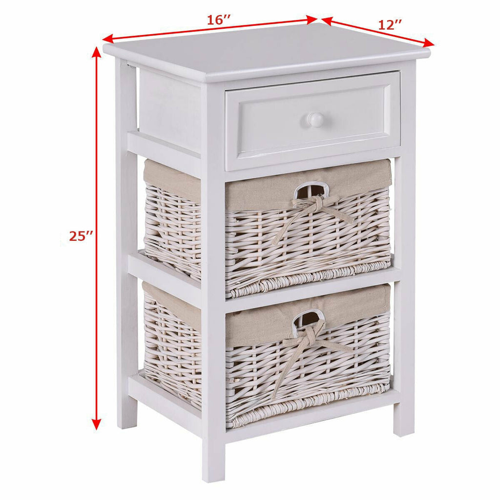 3 Tier Set of 2 Wood Nightstand with 1 and 2 Drawer