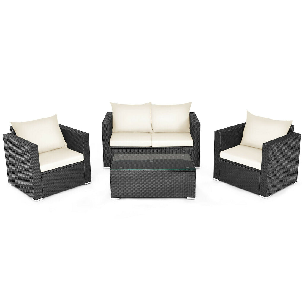 4 Pieces Patio Rattan Conversation Set with Cushions and Coffee Table-Black