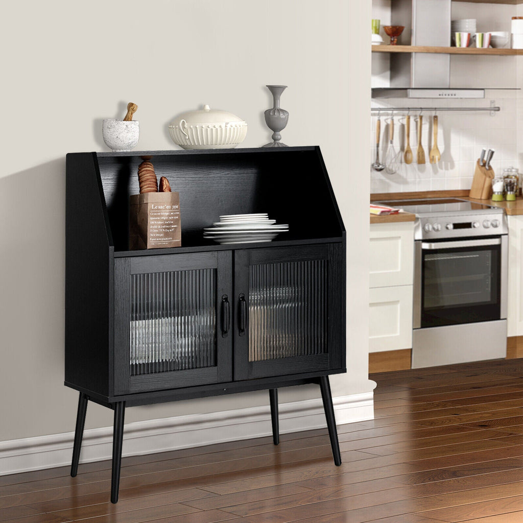 Kitchen Sideboard Buffet with Open Cubby and 2 Glass Doors-Black