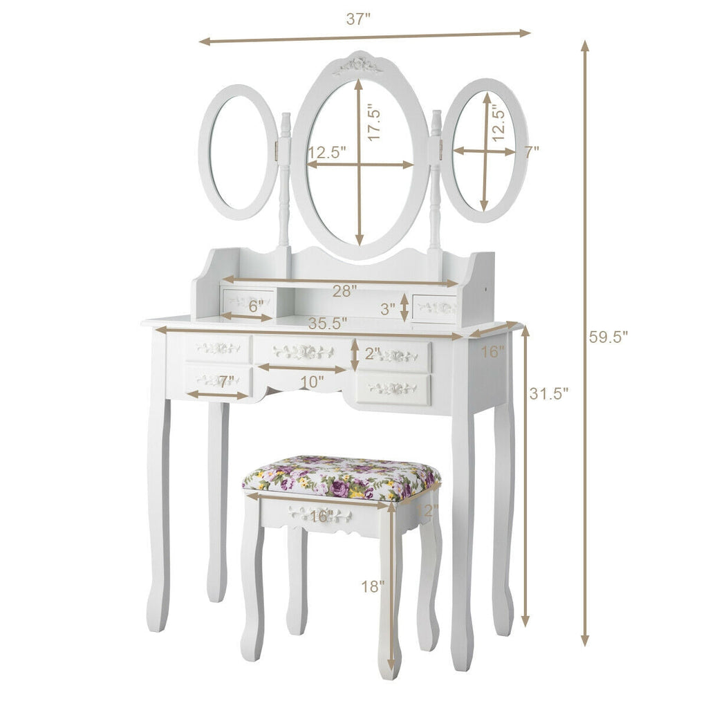 7 Drawer Tri-Folding Mirror Dressing Vanity Makeup Set