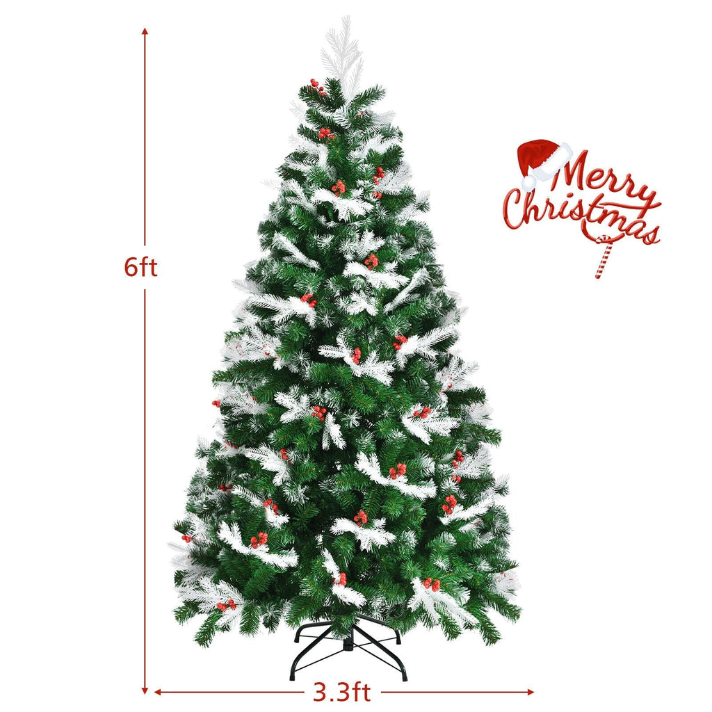 Unlit Snowy Hinged Christmas Tree with Mixed Tips and Red Berries