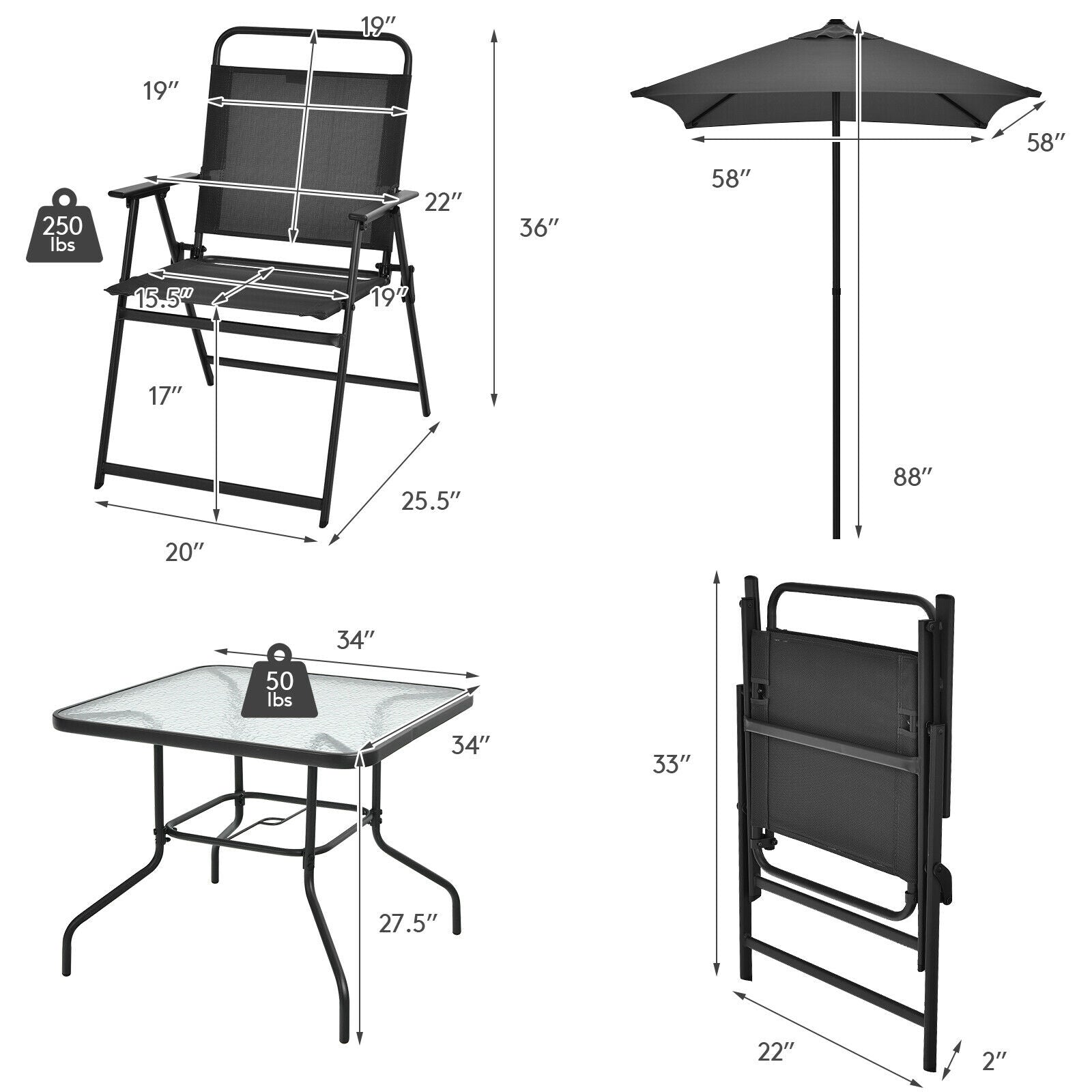 6 Pieces Patio Dining Set with Umbrella-Gray