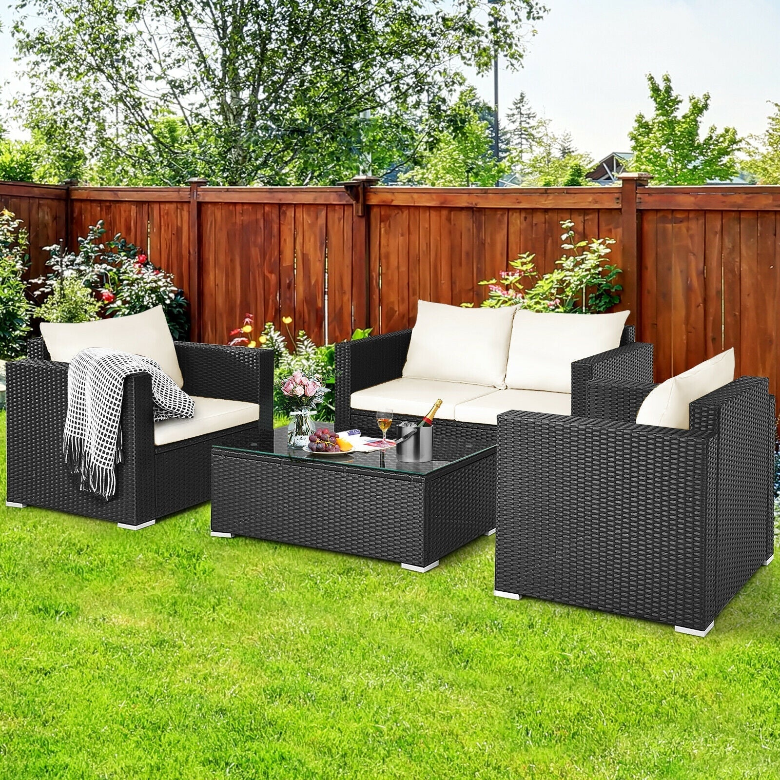 4 Pieces Patio Rattan Conversation Set with Cushions and Coffee Table-Black