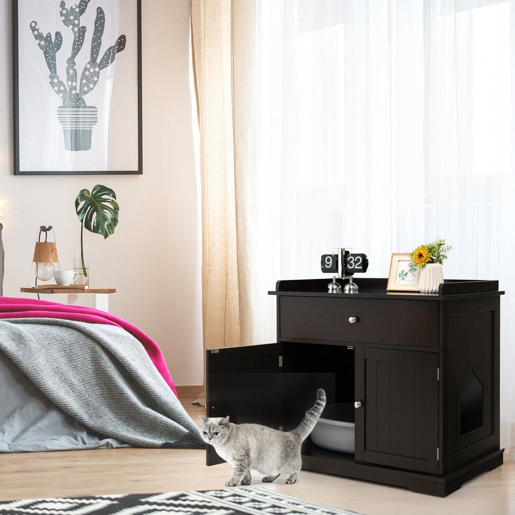 Wooden Cat Litter Box Enclosure with Drawer Side Table Furniture
