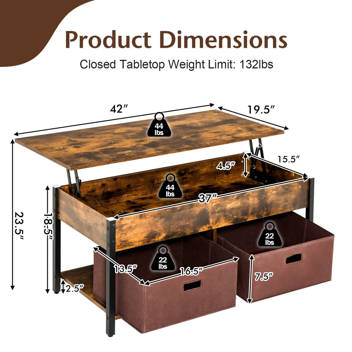 Lift Top Coffee Table Central Table with Drawers and Hidden Compartment for Living Room