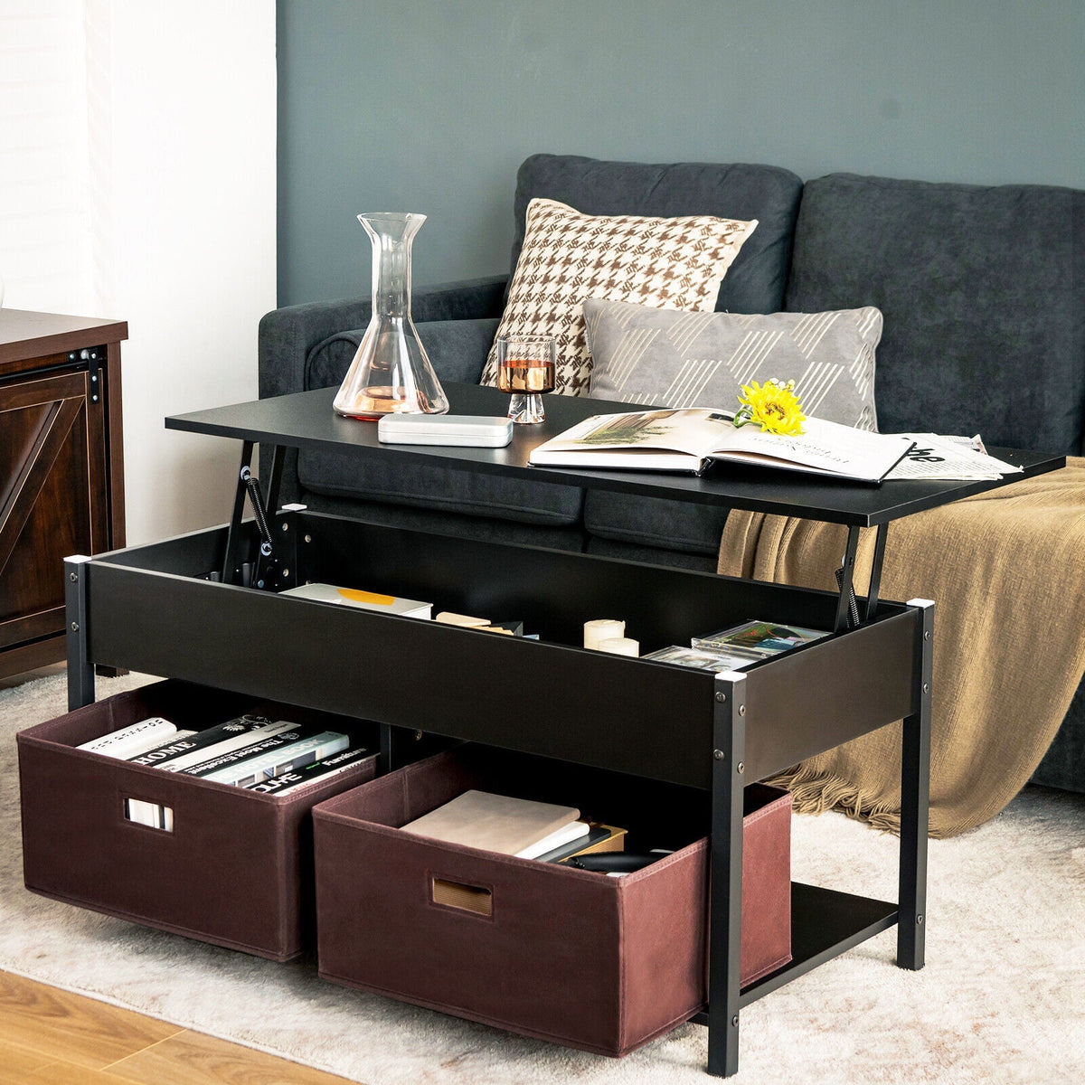 Lift Top Coffee Table Central Table with Drawers and Hidden Compartment for Living Room