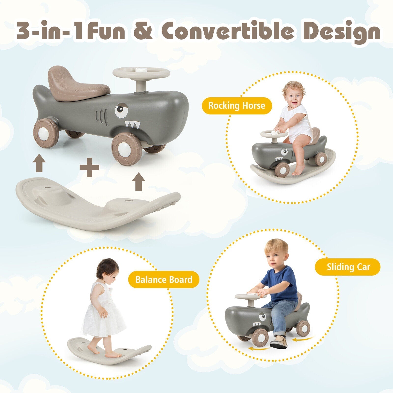 Convertible Rocking Horse and Sliding Car with Detachable Balance Board