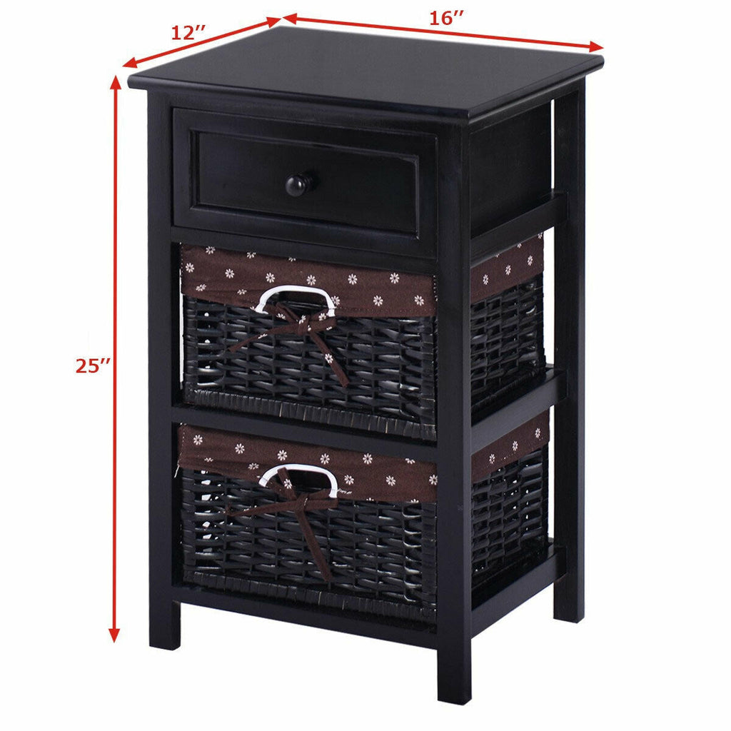 3 Tier Set of 2 Wood Nightstand with 1 and 2 Drawer