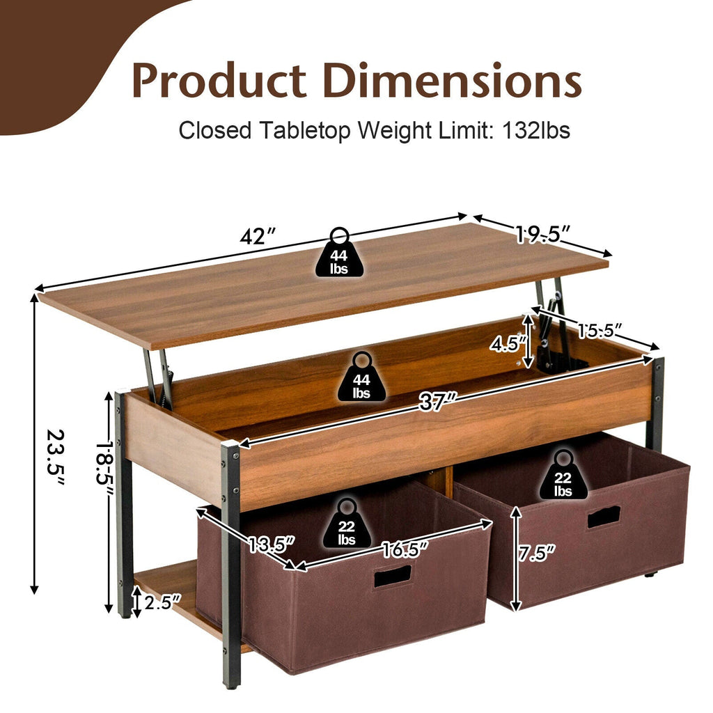 Lift Top Coffee Table Central Table with Drawers and Hidden Compartment for Living Room