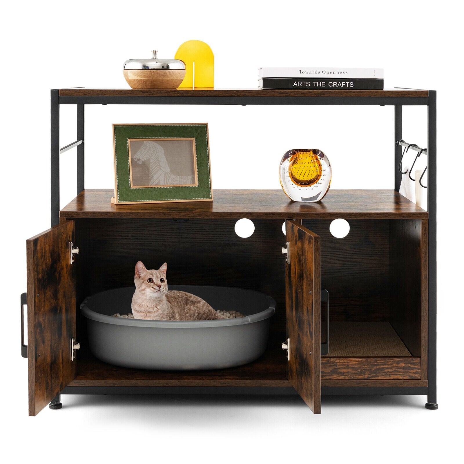 Wooden Cat Box Cabinet with with Metal Frame and Scratching Pad-Rustic Brown