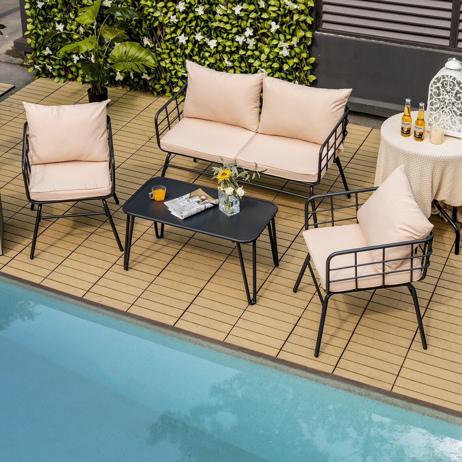 4 Pieces Patio Furniture Set with Seat Back Cushions for Garden-Beige