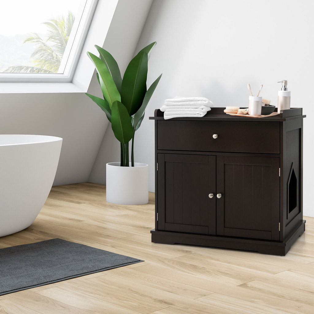 Wooden Cat Litter Box Enclosure with Drawer Side Table Furniture