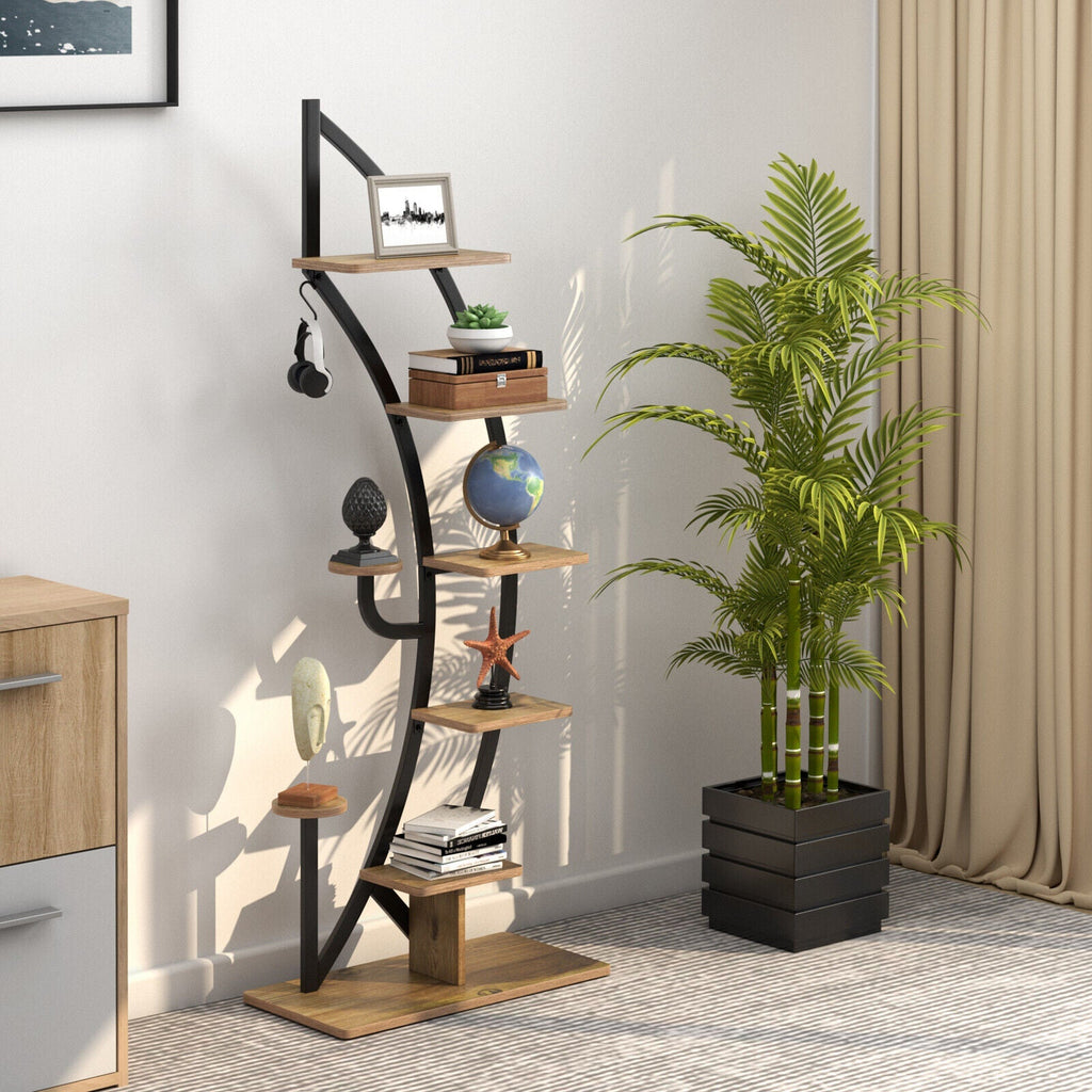 6-Tier 9 Potted Metal Plant Stand Holder Display Shelf with Hook-White