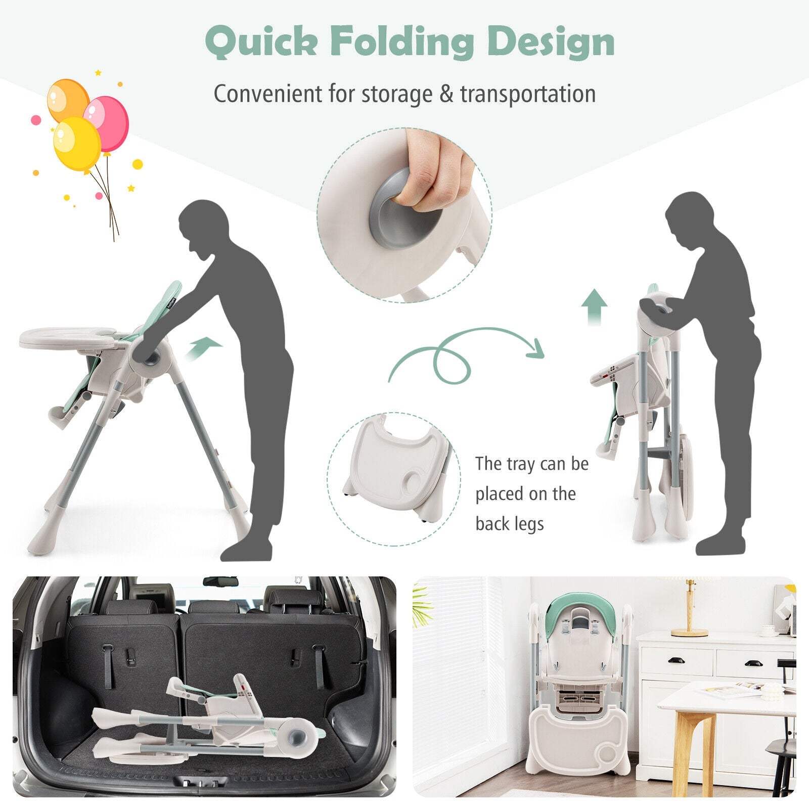 Baby Folding High Chair Dining Chair with Adjustable Height and Footrest