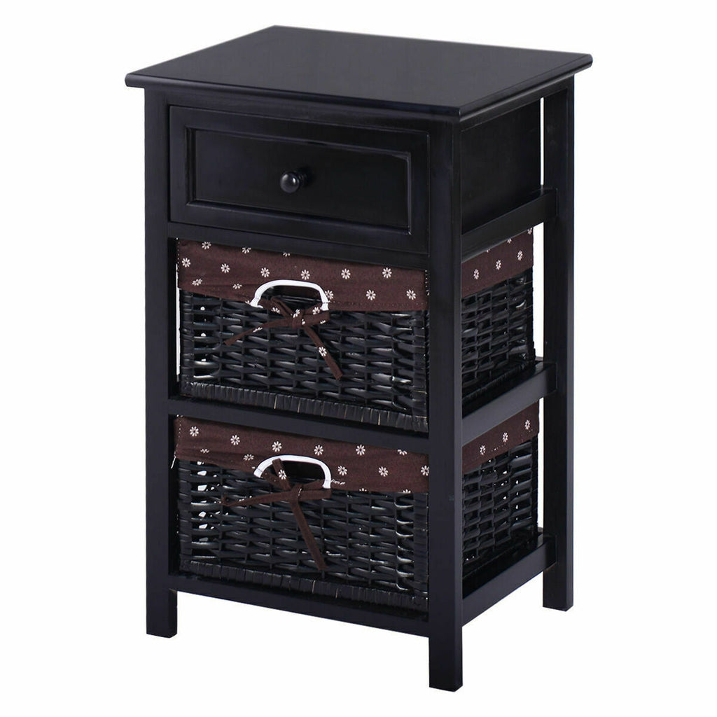 3 Tier Set of 2 Wood Nightstand with 1 and 2 Drawer