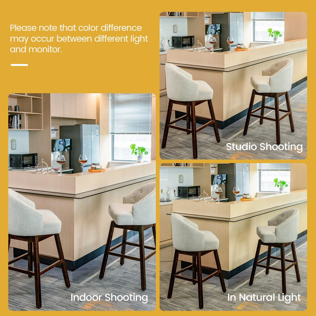 Set of 2 Swivel Bar Stools with Rubber Wood Legs and Padded Back