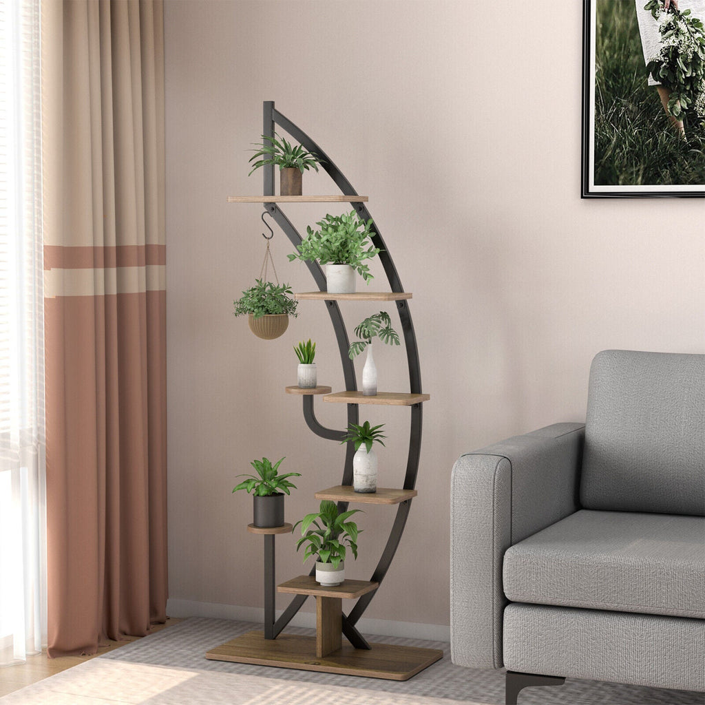 6-Tier 9 Potted Metal Plant Stand Holder Display Shelf with Hook-White
