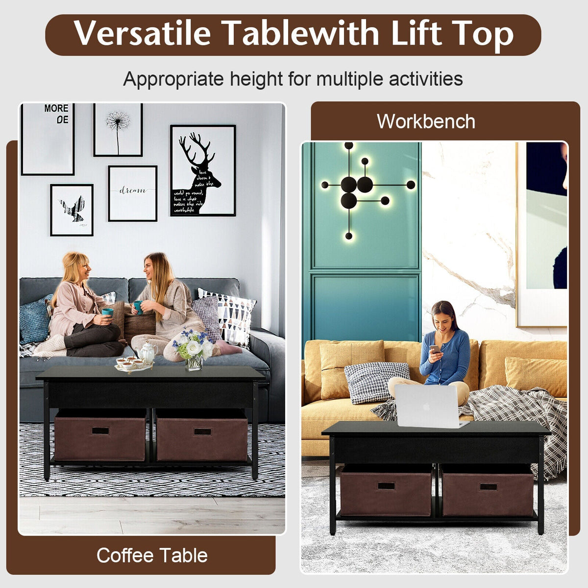 Lift Top Coffee Table Central Table with Drawers and Hidden Compartment for Living Room