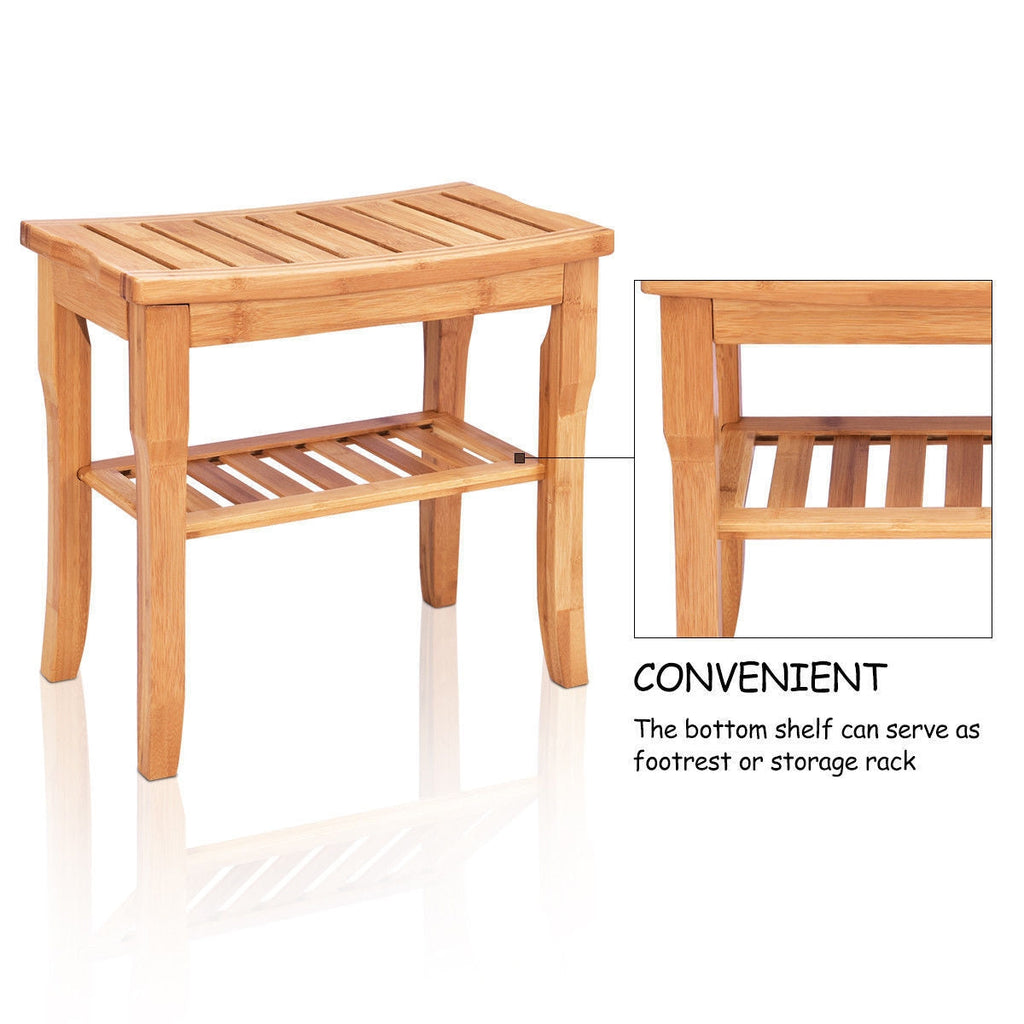 Bathroom Bamboo Shower Chair Bench with Storage Shelf