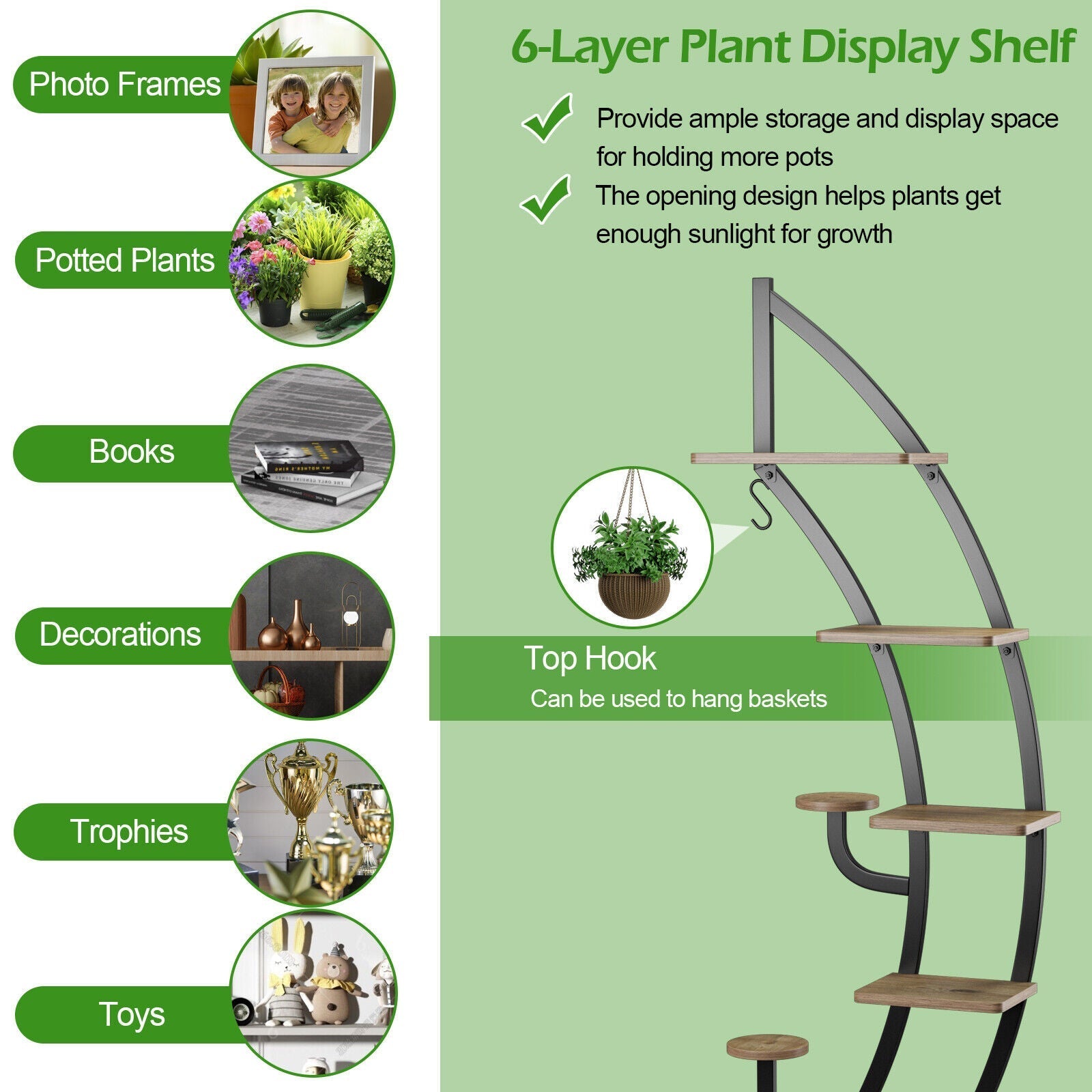6-Tier 9 Potted Metal Plant Stand Holder Display Shelf with Hook-White