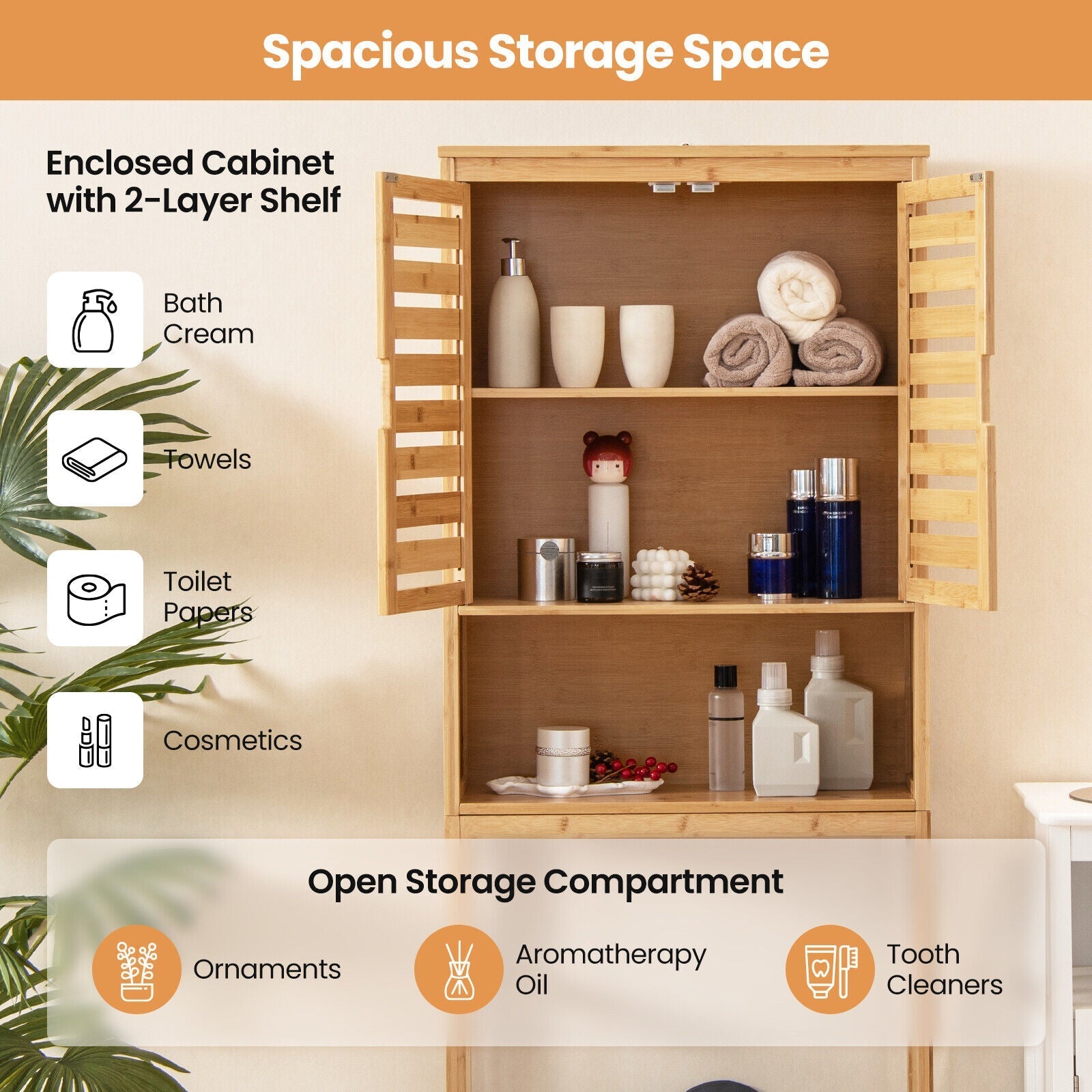 Bamboo Over The Toilet Storage Cabinet Bathroom with Adjustable Shelf-Natural