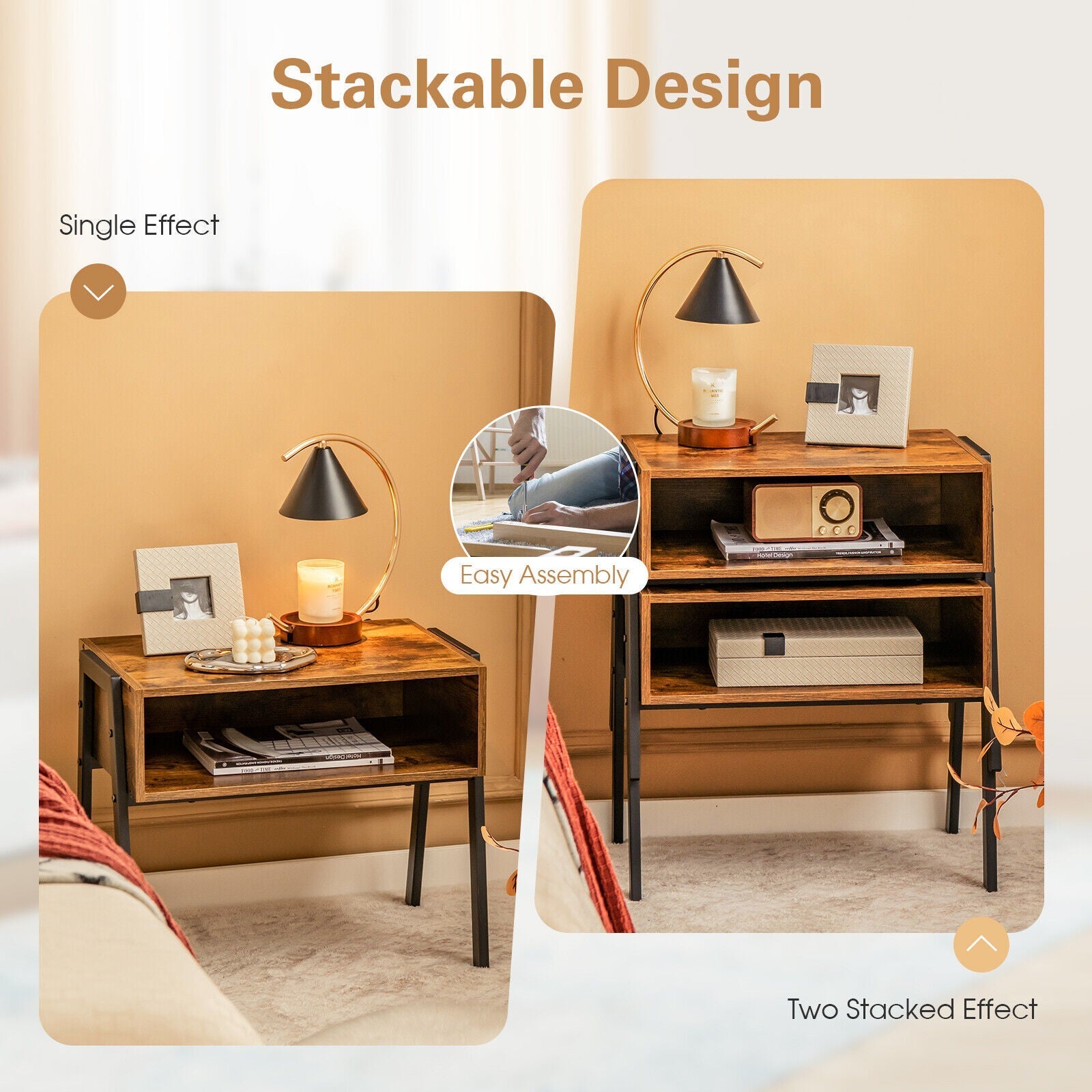 1 Piece Stackable Night Stand Shelf Accent Table with Metal Frame