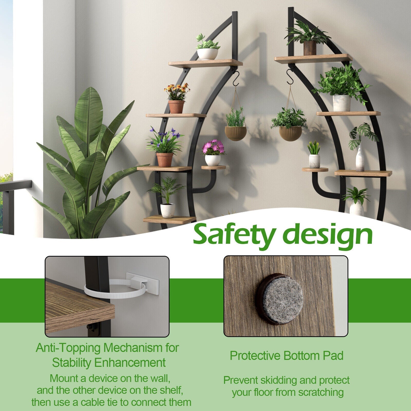 6-Tier 9 Potted Metal Plant Stand Holder Display Shelf with Hook-White