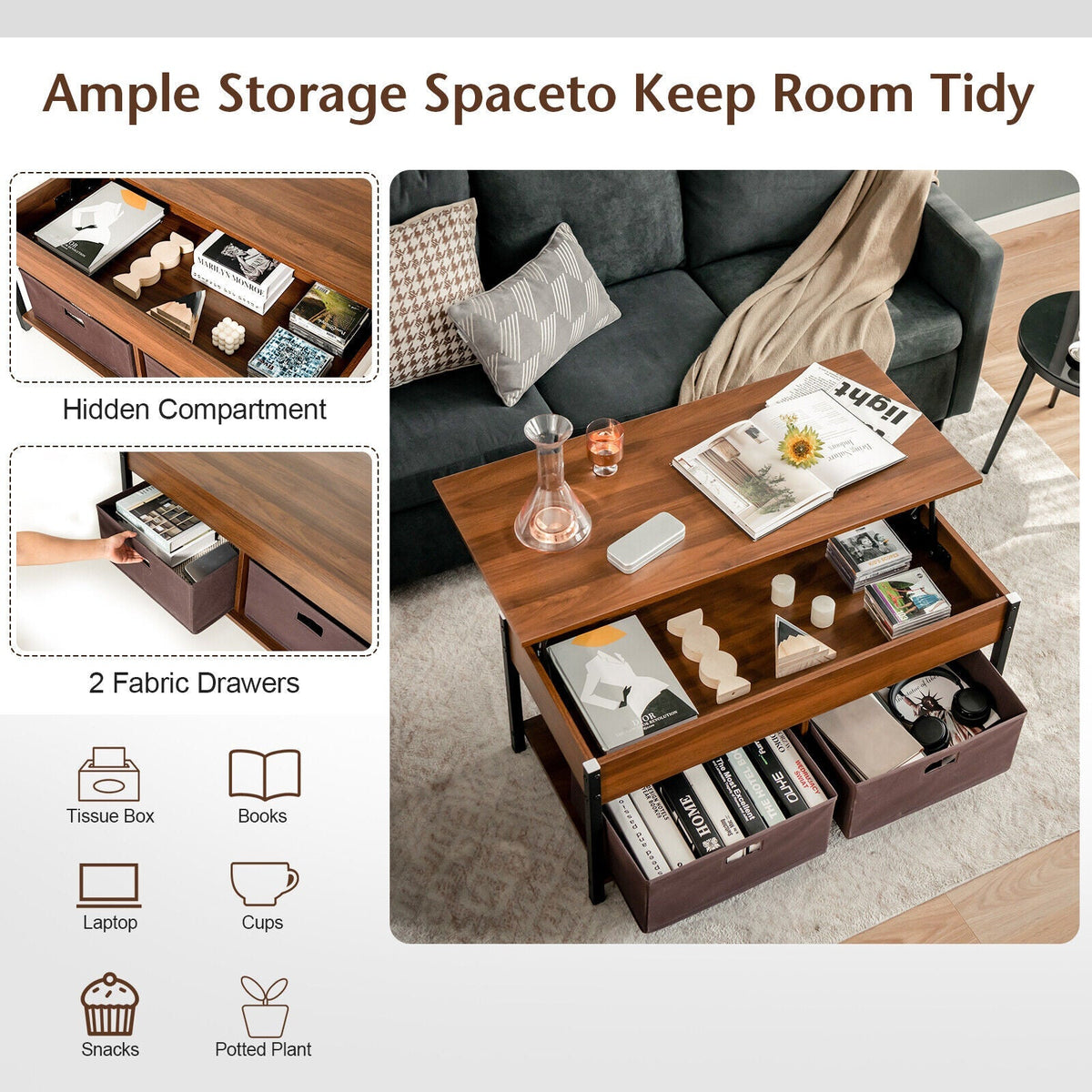 Lift Top Coffee Table Central Table with Drawers and Hidden Compartment for Living Room